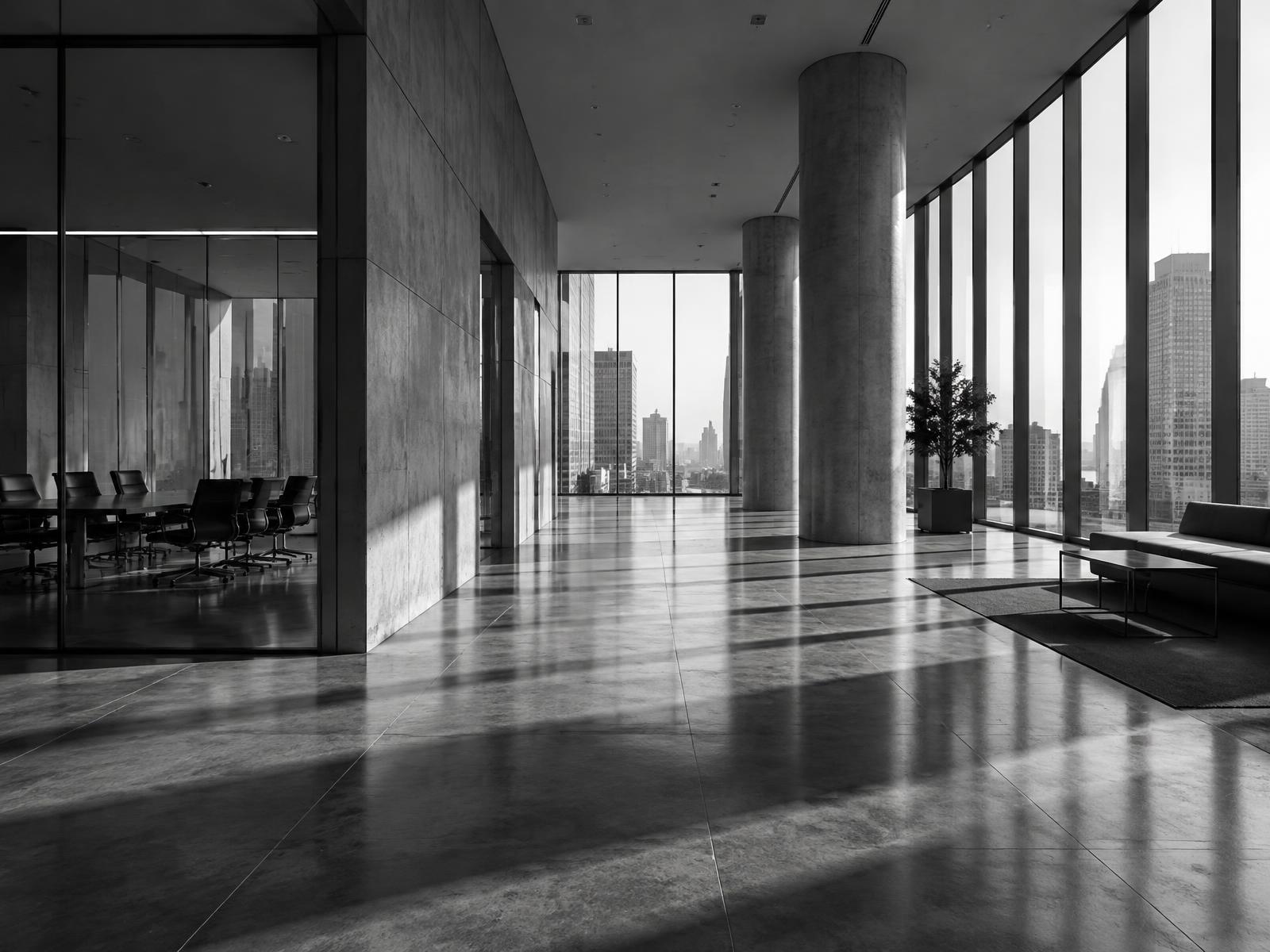 Interior de oficinas corporativas con muros de vidrio y luz de ventana